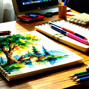 Business Watercolor Painting: Workplace With Notebooks And Pens On Desk With Image, There
