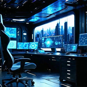 (futuristic:1.1) Digital Workspace With Futuristic Setting,