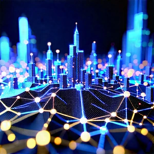 Blockchain Network Visualization With Futuristic Cityscape