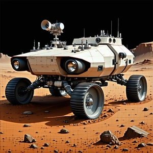 A Futuristic Vehicle Is Parked On A Rocky Surface, Possibly On A Distant Planet