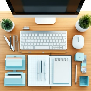 Business Infographic Style: Workplace with modern office supplies on desk