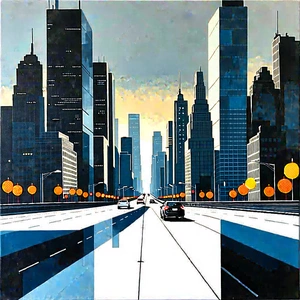 Urban Acrylic Painting: Cityscape Of Modern Metropolis During Rush Hour With Large City