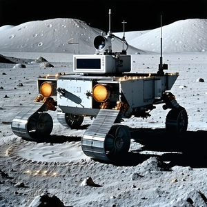 A White Robotic Vehicle, Possibly A Rover, Driving Across A Rocky Terrain