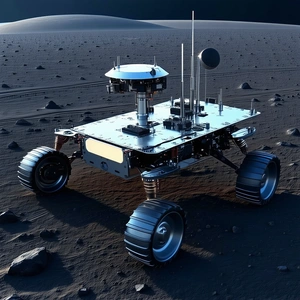 A Futuristic Vehicle, Possibly A Rover Or A Spacecraft, Parked On A Rocky Surface