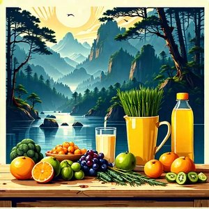 Lifestyle Linocut Print: Wellness Scene With Healthy Food With Wooden Table