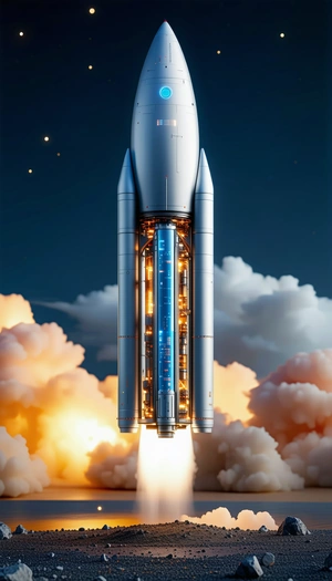 A Rocket Ship Flying Through The Sky, With A Bright Blue Trail Behind It