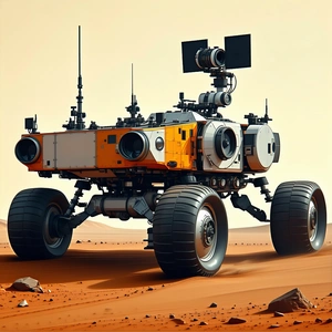 A Large Robotic Vehicle Is Driving Across A Desert Landscape