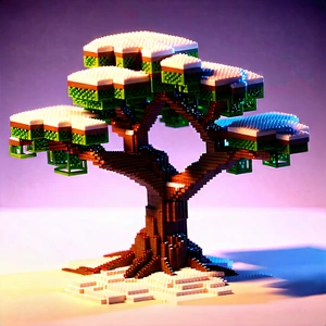 Nature Voxel Art: Ancient Tree In Winter Snow With Tree Made