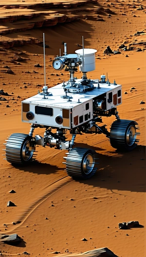 A White Robotic Vehicle With A Large Camera On Top Of It, Driving Across A Dirt Field