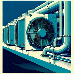 Tech Linocut Print: Close-up Of Cooling System With Large Blue