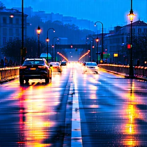 Urban Editorial Photography: Iconic Bridge With (rain:1.35)-slicked Streets With Rainy Night