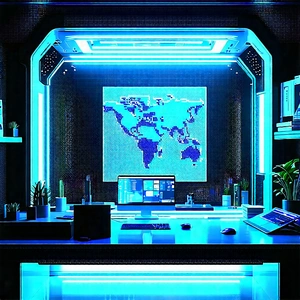Tech Digital Art: Futuristic Tech Startup Office With Computer Desk