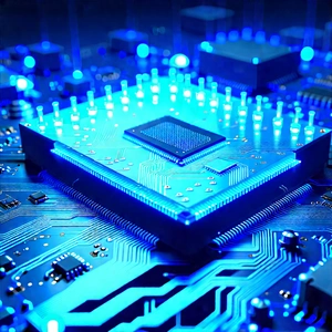 Circuit board with blue light (glow:1.22)