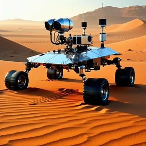 A Large Robotic Vehicle, Possibly A Rover, Sitting On A Sandy Surface