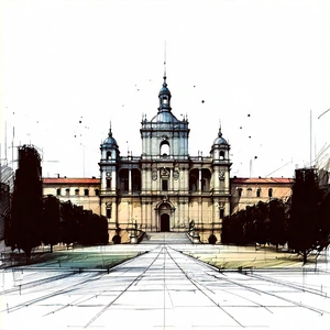 Urban Pencil Sketch: Historic Building With (minimalist:1.21) Design With Large Building