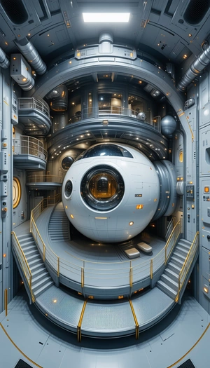In This Futuristic Scene, A Large White Sphere Is The Focal Point Of The Image