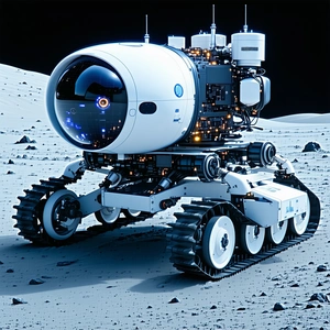 A White Robotic Vehicle Is Parked On A Rocky Surface, Possibly On The Moon