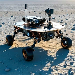 A Robotic Vehicle Is Sitting On A Rocky Surface, Possibly A Desert