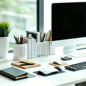 Business Tilt-Shift Photography: Workplace with (modern:1.24) office supplies on desk