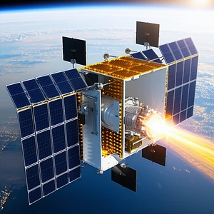 A Spacecraft Is Shown In A Close-up View, With Its Solar Panels And Engine Visible