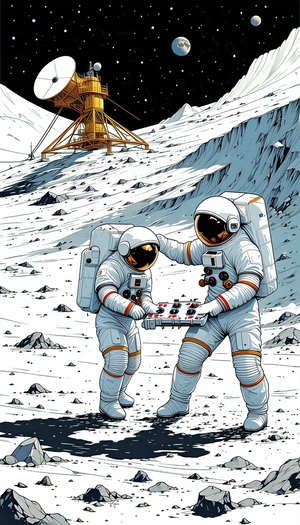 In The Image, There Are Two Astronauts Standing On A Rocky Surface, Possibly On The Moon