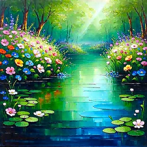 Nature Acrylic Painting: Tranquil pond surrounded by wildflowers