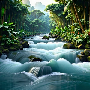 Nature Architectural Photography: Rushing (river:1.12) Surrounded By Lush Vegetation With Beautiful Waterfall