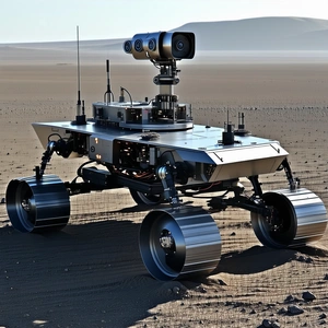 A Robotic Vehicle, Possibly A Rover, Sitting On A Dirt Surface