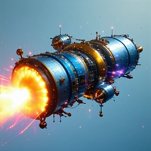 A Futuristic Spacecraft Is Shown In A Blue Sky, With Its Engine Glowing Brightly
