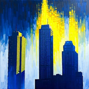 Urban Gouache Painting: Skyscraper with dramatic lighting