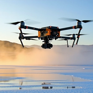 A Large Drone Flying Over A Frozen Lake