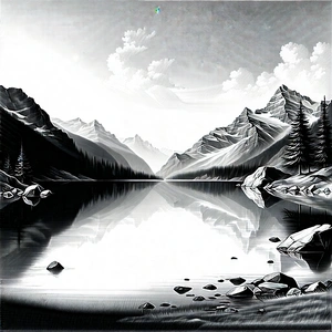 Nature Charcoal Drawing: Clear Sky Over Alpine (lake:1.17) With Black White