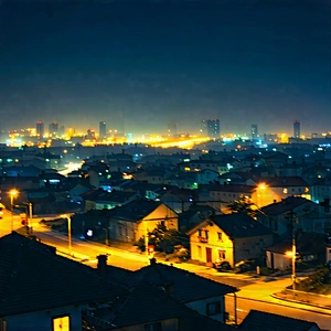 Urban Matte Painting: Cityscape Of Small Town During Night With Nighttime View