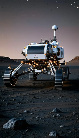 A Large Robotic Vehicle Is Sitting On A Dirt Surface, Possibly A Desert