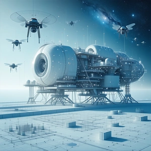 In This Futuristic Scene, A Large Space Station Is Surrounded By Numerous Flying Drones