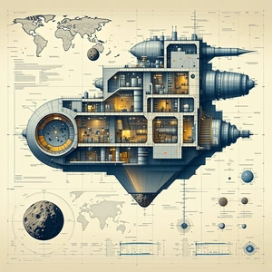 A Large Spacecraft Is Shown In A Detailed Drawing, With A Globe Of The Earth In The Foreground