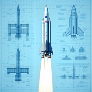 A Space Shuttle Is Shown In A Blue And White Drawing, With A Rocket Booster Attached To The Bottom