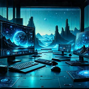 Futuristic (digital:1.48) Workspace With Futuristic Scene,