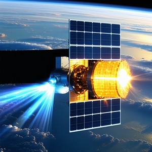 A Spacecraft With A Solar Panel On Its Side, Flying Through The Sky