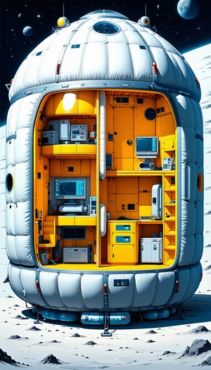 In The Image, There Is A Large, Yellow Spacecraft With A White Interior