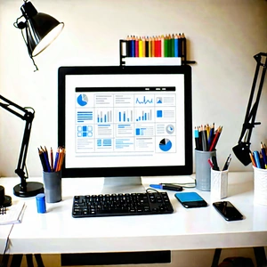 Business Technical Illustration: Workplace With Productivity Tools On Desk With White Desk