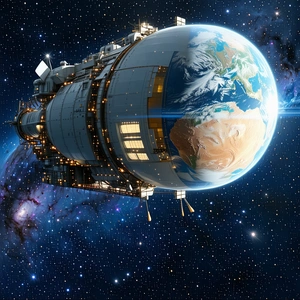 A Large Spacecraft With A Dome-shaped Structure On Top, Flying Through The Vast Expanse Of Space