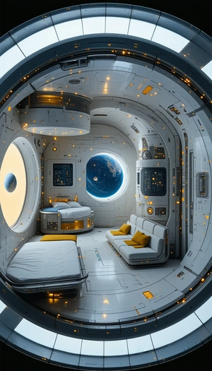 In This Image, There Is A Futuristic Space Station With A Bedroom And A Living Room