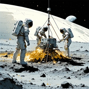 In The Image, There Are Three Astronauts Standing On The Moon, Working On A Space Station