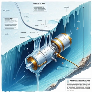 A Large, Silver, And Gold Submarine Is Shown In A Diagram, With A Large Iceberg In The Background
