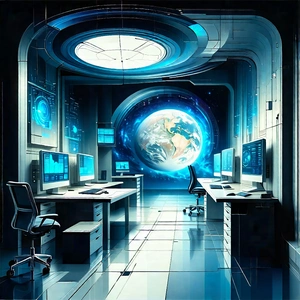 Tech Woodcut Print: Futuristic Digital Workspace With Futuristic Setting,