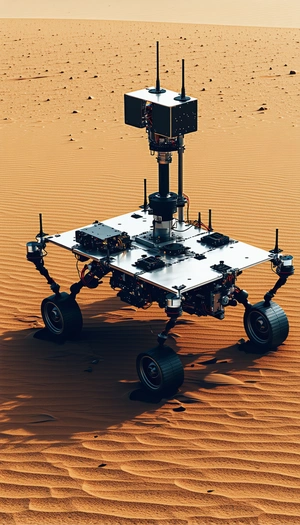 A Large Robotic Vehicle With A Camera On Top, Sitting On A Sandy Surface