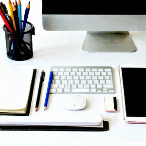 Business Lithograph: Workplace With Digital Devices On Desk With Desk Computer