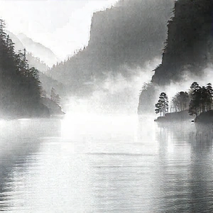 Nature Pencil Sketch: Mist Over Alpine (lake:1.4) With Serene Scene
