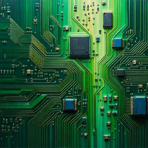 Tech Oil Painting: Circuit board with data streams